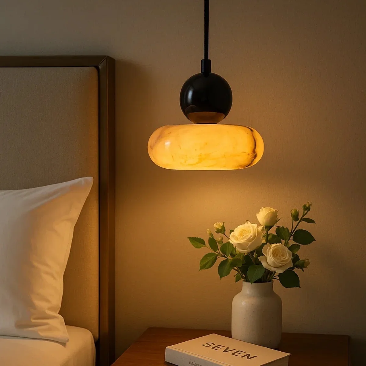 Nordic Art Bedside Pendant Light Italian Marble Shade Hanging Lamp for Bedroom Dining Room Kitchen Bar Hallway Entrance Lighting view 3
