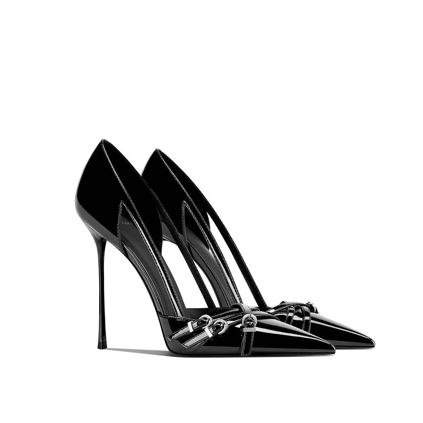 Sharp pointed thin heel summer new patent leather chain design sense nude high heels for women commuting and dating