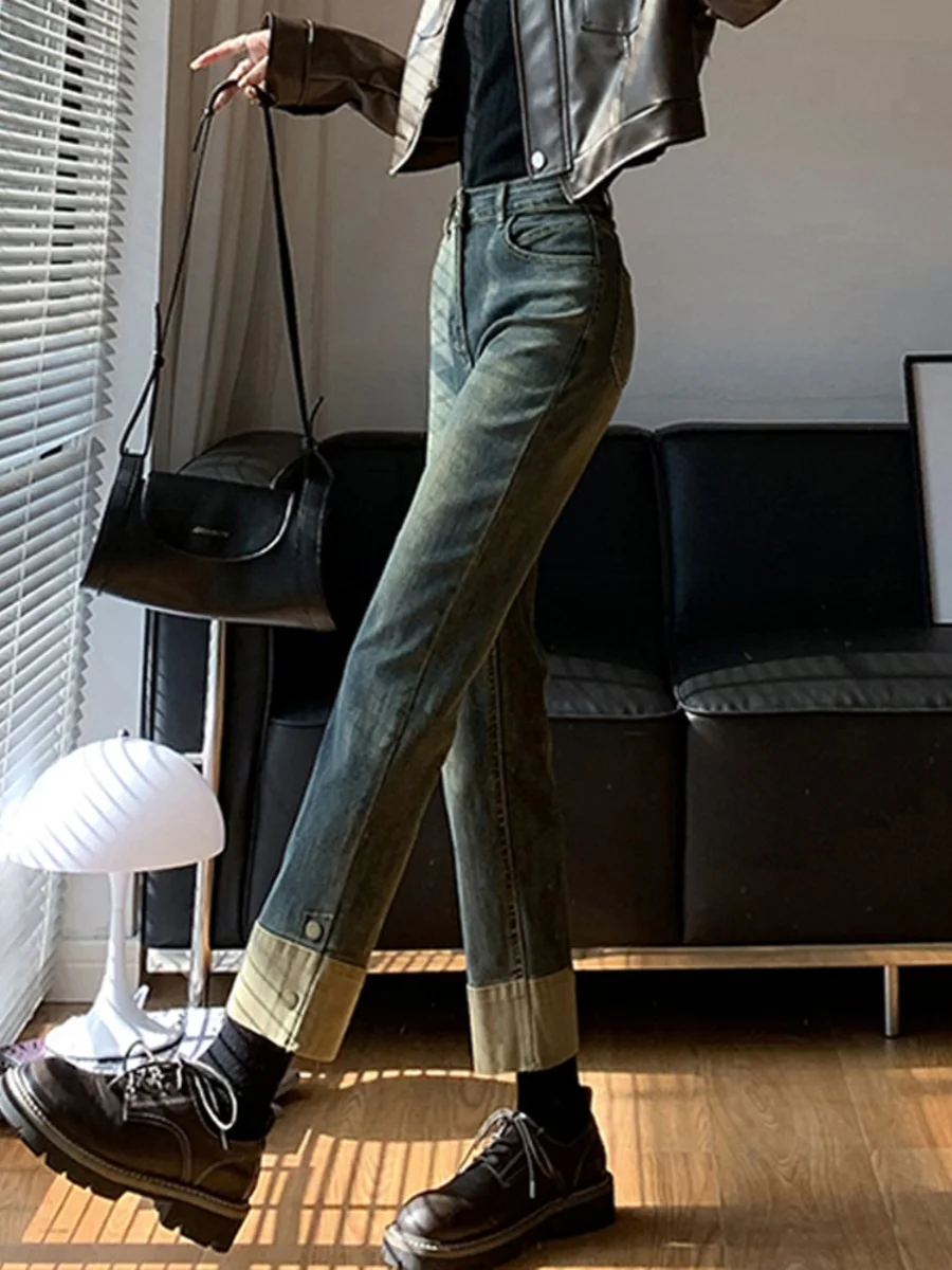 Thiened Fce اصطف عالية الخصر Bla تسعة عشرات الدينيم الجينز المرأة الخريف الشتاء حجم كبير سليم مستقيم أنبوب السراويل #2