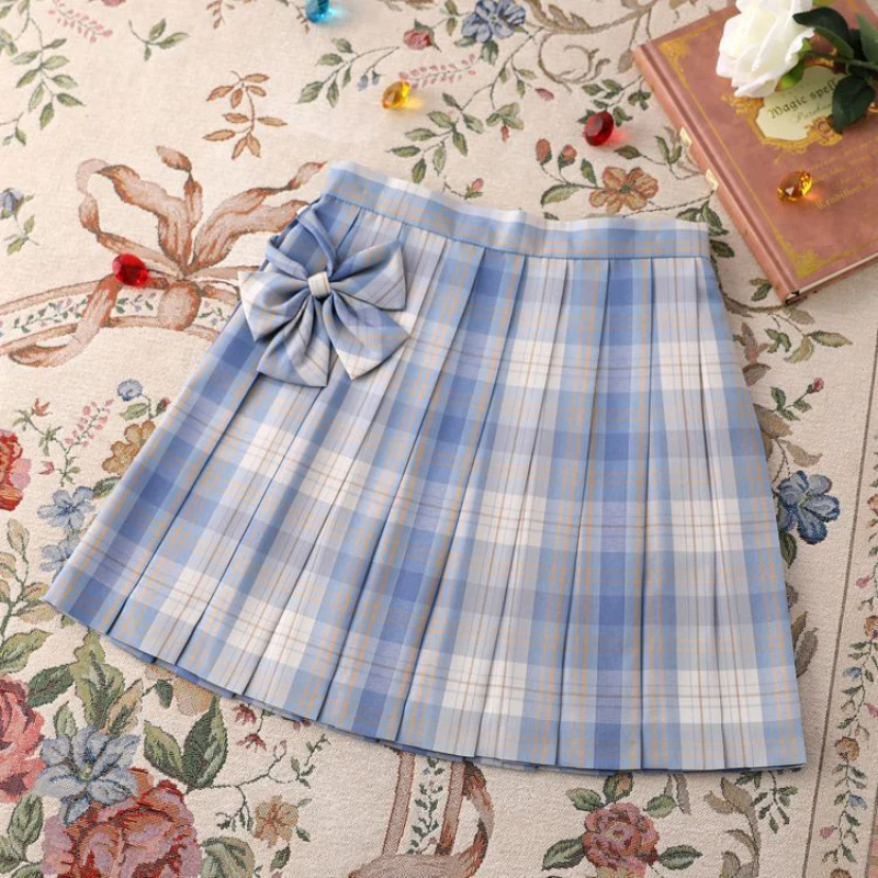 Zoki Jk Women Plaid Skirt Summer High Waist Adjust Button Girls Pleated Skirt Japan Student Cute Blue Bow School Mini Skirts