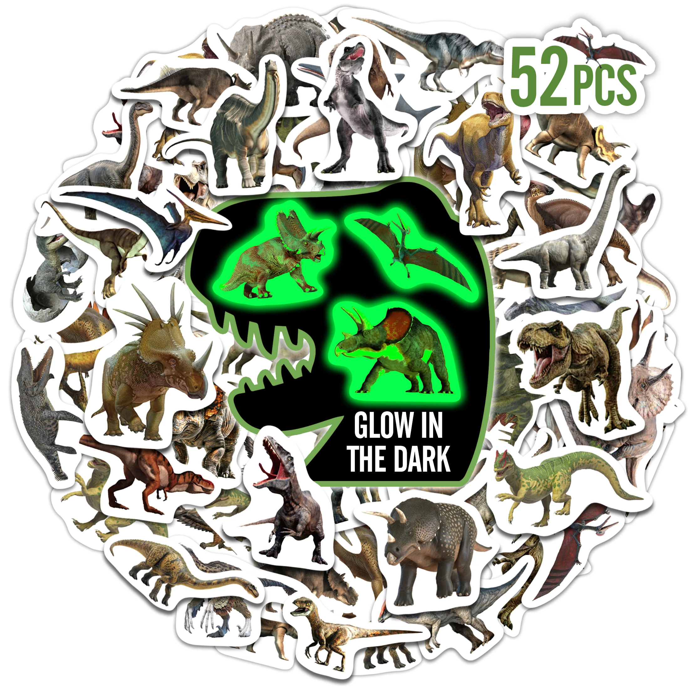Pegatina de dinosaurio que brilla en la oscuridad, botella de agua de vinilo para álbum de recortes, portátil, monopatín, ordenador, pegatina impermeable para adolescentes, 52 piezas