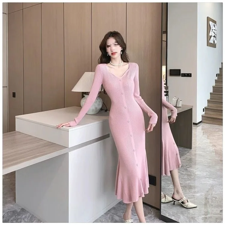 

Knee Length Pullovers Dark Blue Y2K Sweaters Jumpers Women Wild French-Style Fairycore Princess Gradient Button-Decorated Trendy