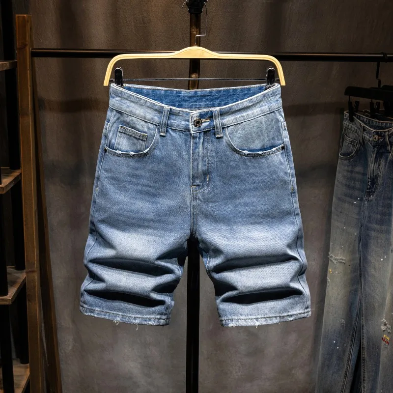 

Men’s Loose Stretch Thin Blue Denim Shorts Korean Style Y2K Street Baggy Vintage Wash Summer Casual Daily Five-point Mid Pants
