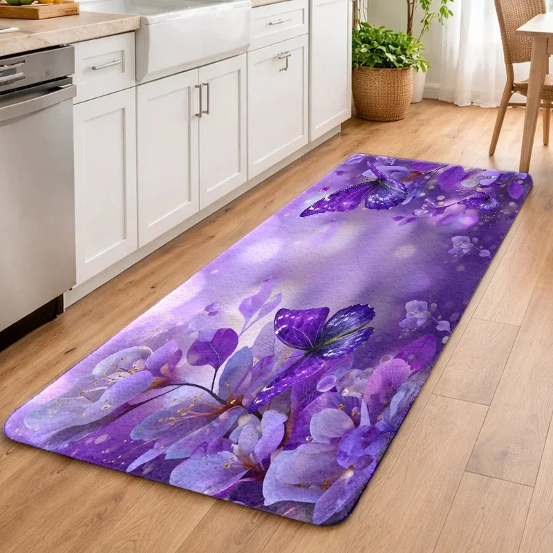 [Dreamy Butterfly Mat]  Dreamy Purple Butterfly Floral Non-Slip Mat, Fleece Surface + Rubber Bottom, Durable And Washable, Uni