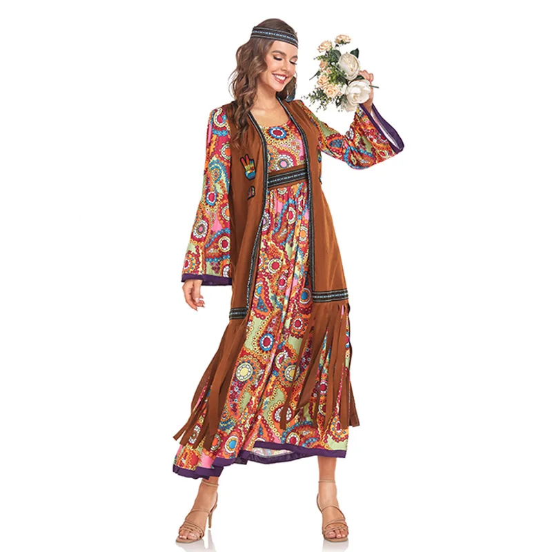 Halloween Boho Print Kleid Rollenspiel Kostüm 70er Jahre Disco Hippie Stamm Cosplay Bohemian Style Kostüm cos Hot Girl Kleid