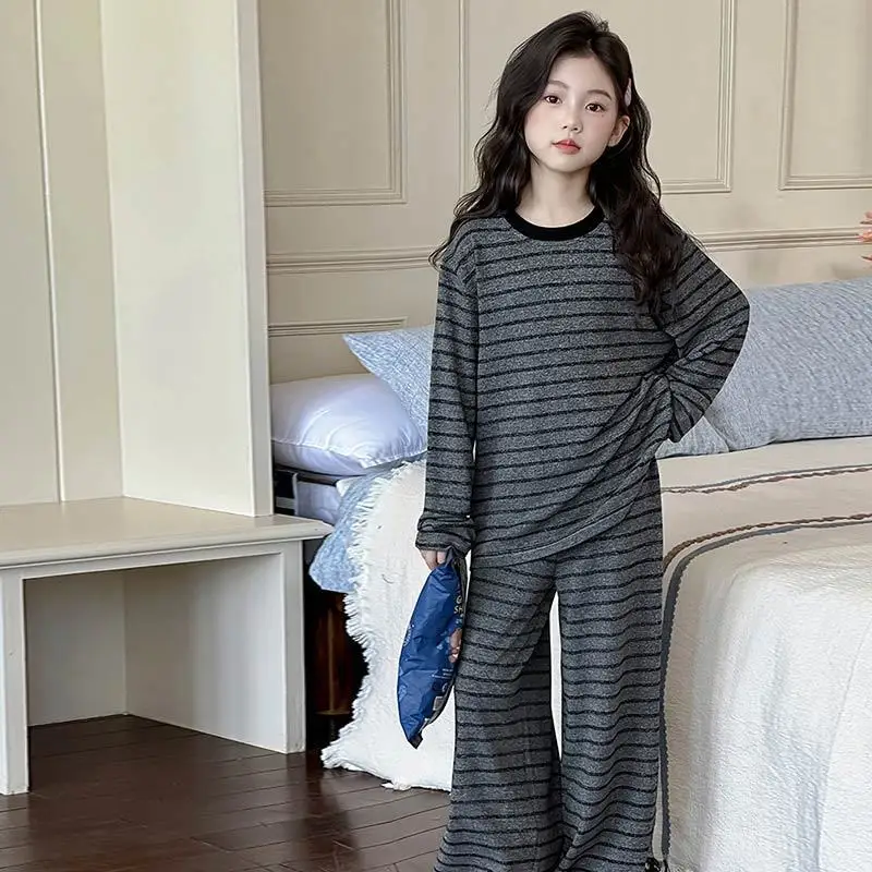 

Новинка 2023 года, пижамы Dralon в термополоску для девочек, комплект домашней одежды, теплый осенне-зимний детский пижамный комплект с длинными рукавами