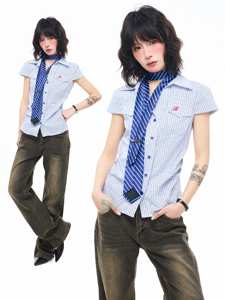 

Sanowers Korean Style Plaid Short Sleeve Shirt Women's Summer Slimming Waist Design Versatile Fashionable Casual Shirt