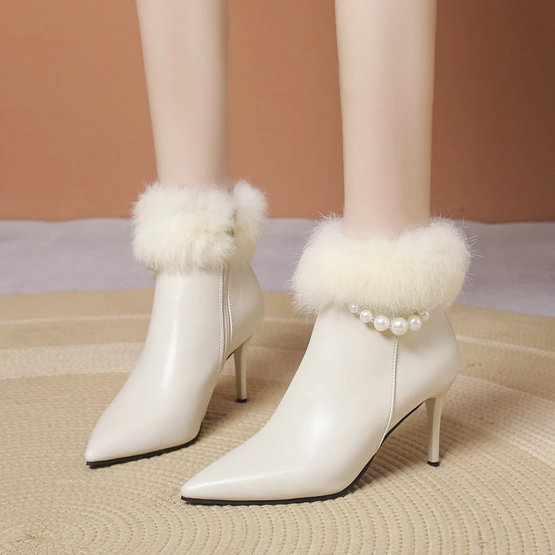 Fashion Sexy Lady Faux Fur Ankle Boots Women 2025 New Autumn Spring Shoes Stiletto High Heels Party Dress Date Show