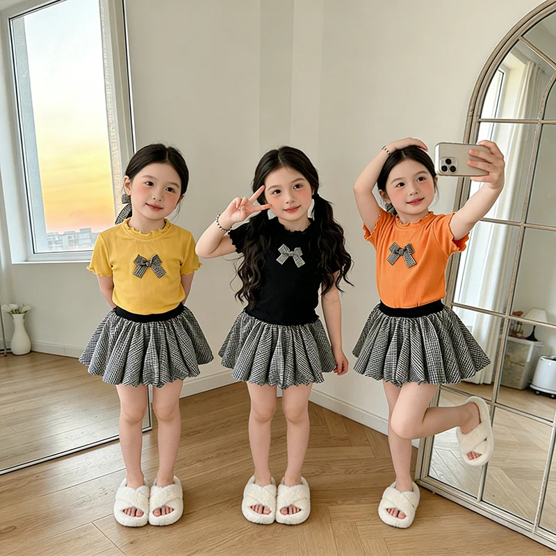 

Girls' Summer Short Sleeve ClothingTPlaid shirt and half-length skirt two-piece stylish and fashionable sweet baby outfit