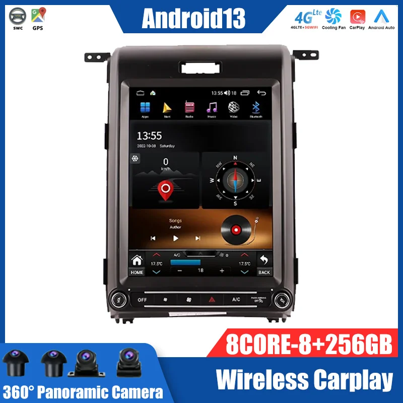 2din 8+256GB  Tesla Screen Android 13.0 Car Radio GPS For Ford Raptor F150 2008-y Auto Bluetooth WIFI 4G DSP GPS Navigation