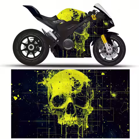Neon Yellow Skull Grid Motorcycle Vinyl Wrap, Waterproof Removable Decal Sticker, Universal Fit for Motorbikes, Durable Anti-Scr