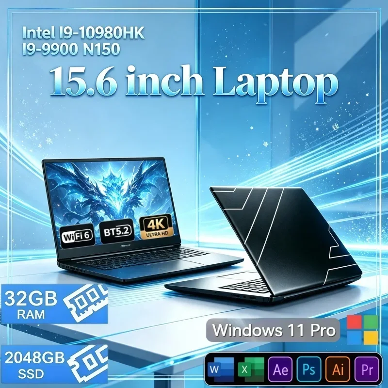 15.6 Inch Light Thin Laptop PC Windows11 Intel I9‑10980HK I9‑9900 N150 32GB Large RAM 1TB 2TB SSD Portable Notebook For Home Use