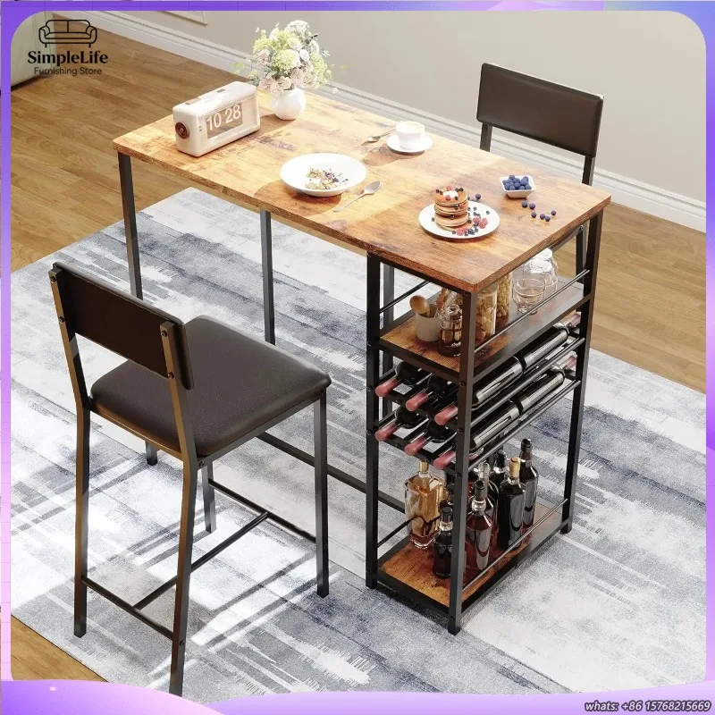 2-Piece Dining Table Set with Upholstered Chairs Open Shelf Storage Built-in Cup Holder and Wine Rack for Kitchen Apartment