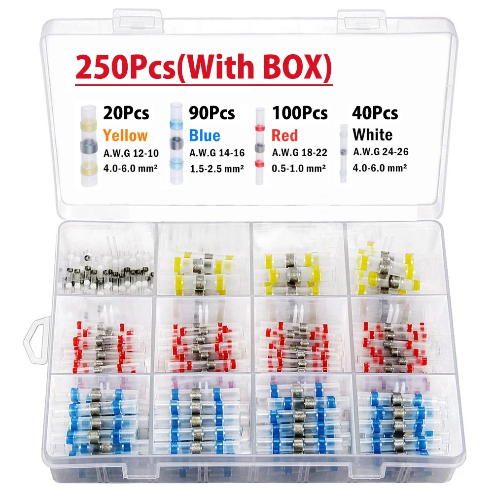 250pcs/1000pcs Solder Seal Wire Connectors Heat Shrink Solder Butt Connectors Solder Connector Kit Automotive Marine Insulated