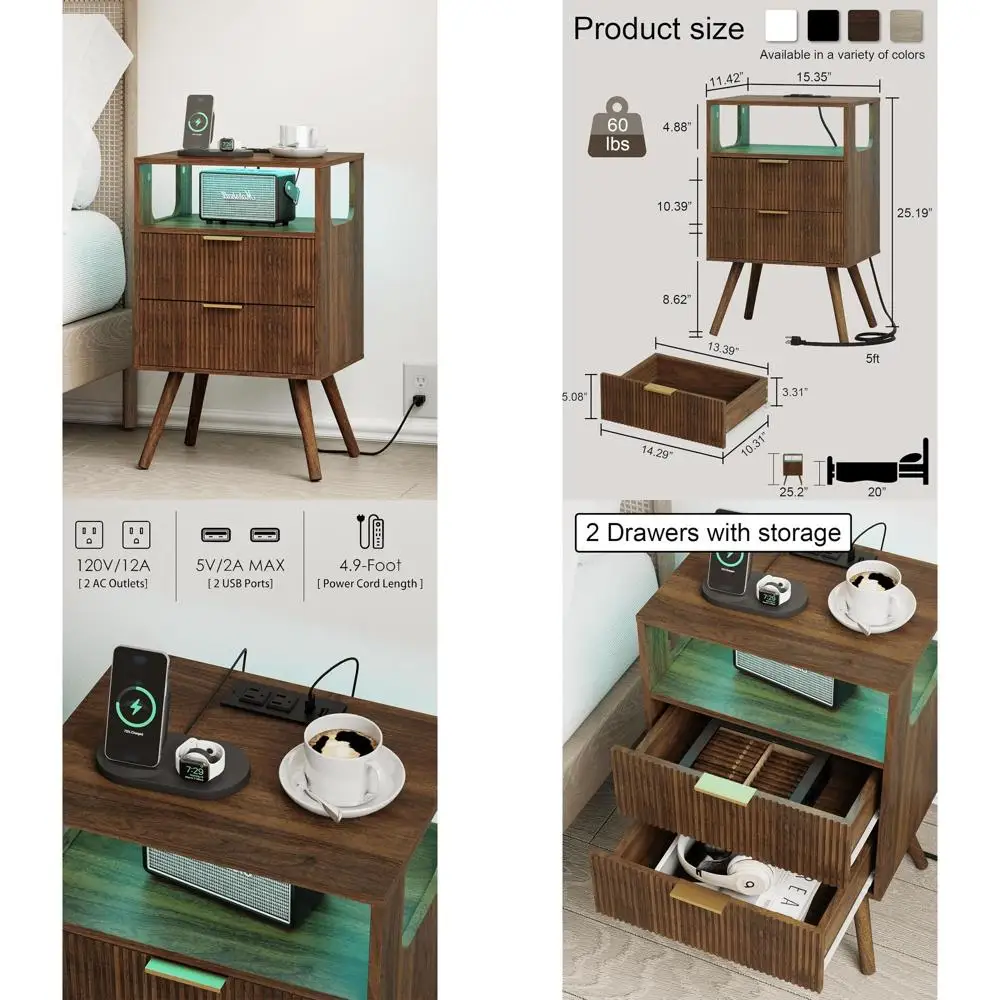 

Modern LED-lit Nightstand with Charging Station, 2-Drawer Storage and Wood Shelf for Compact Spaces