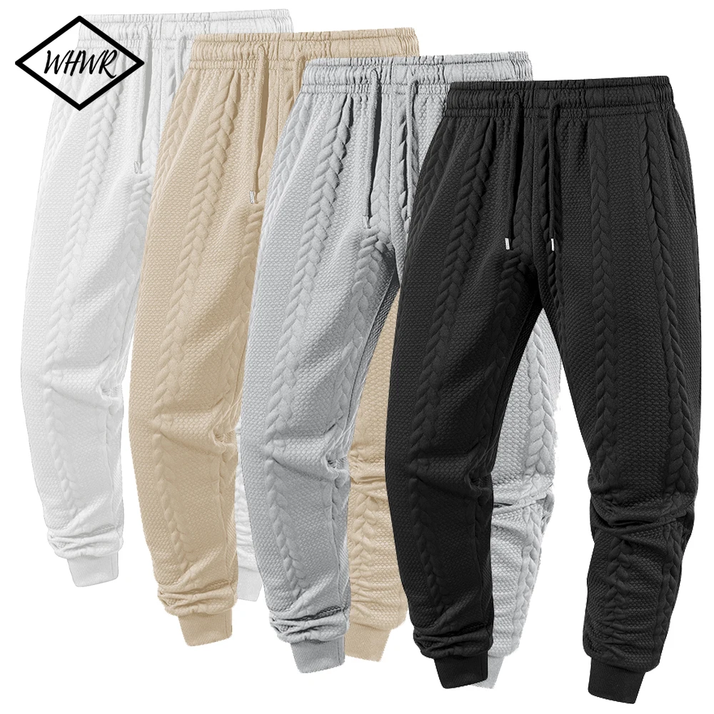 

Мужские текстурированные брюки, весенне-осенние повседневные вязаные жаккардовые брюки длиной до ног, брюки с карманами на шнурке, теплые спортивные брюки