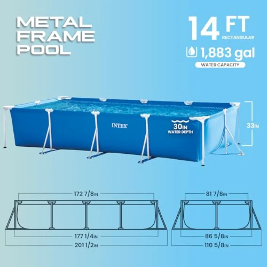 Above Ground Swimming Pool with Rectangular Steel Frame, 14 ft 9 in x 7 ft 3 in x 33 in, Gray, Rust-Resistant Coated