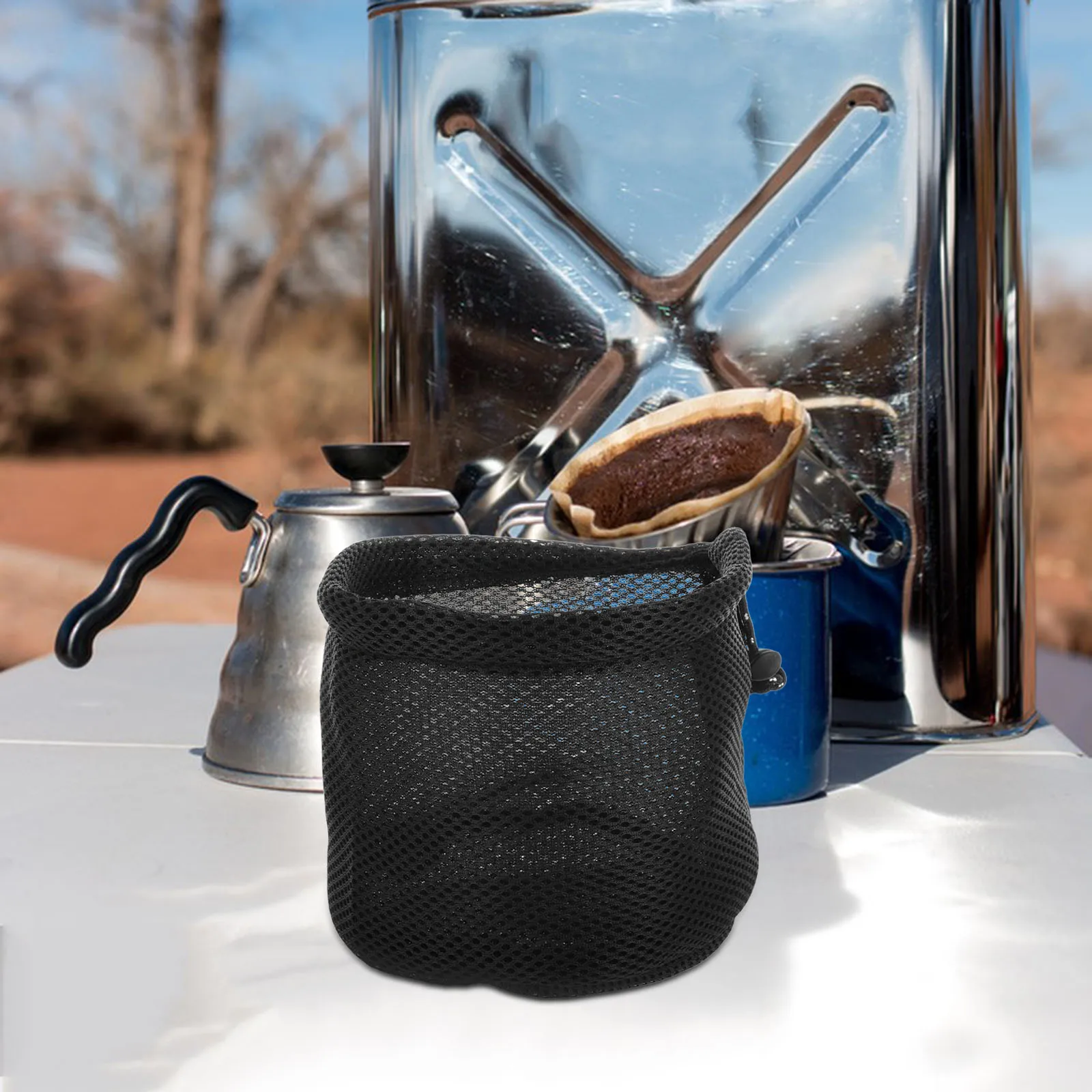 

Camping Storage Bag Round Bottom Mesh Design Portable Durable Organizer Black Cooking Utensils Camp Gear Kitchen Cookware Travel