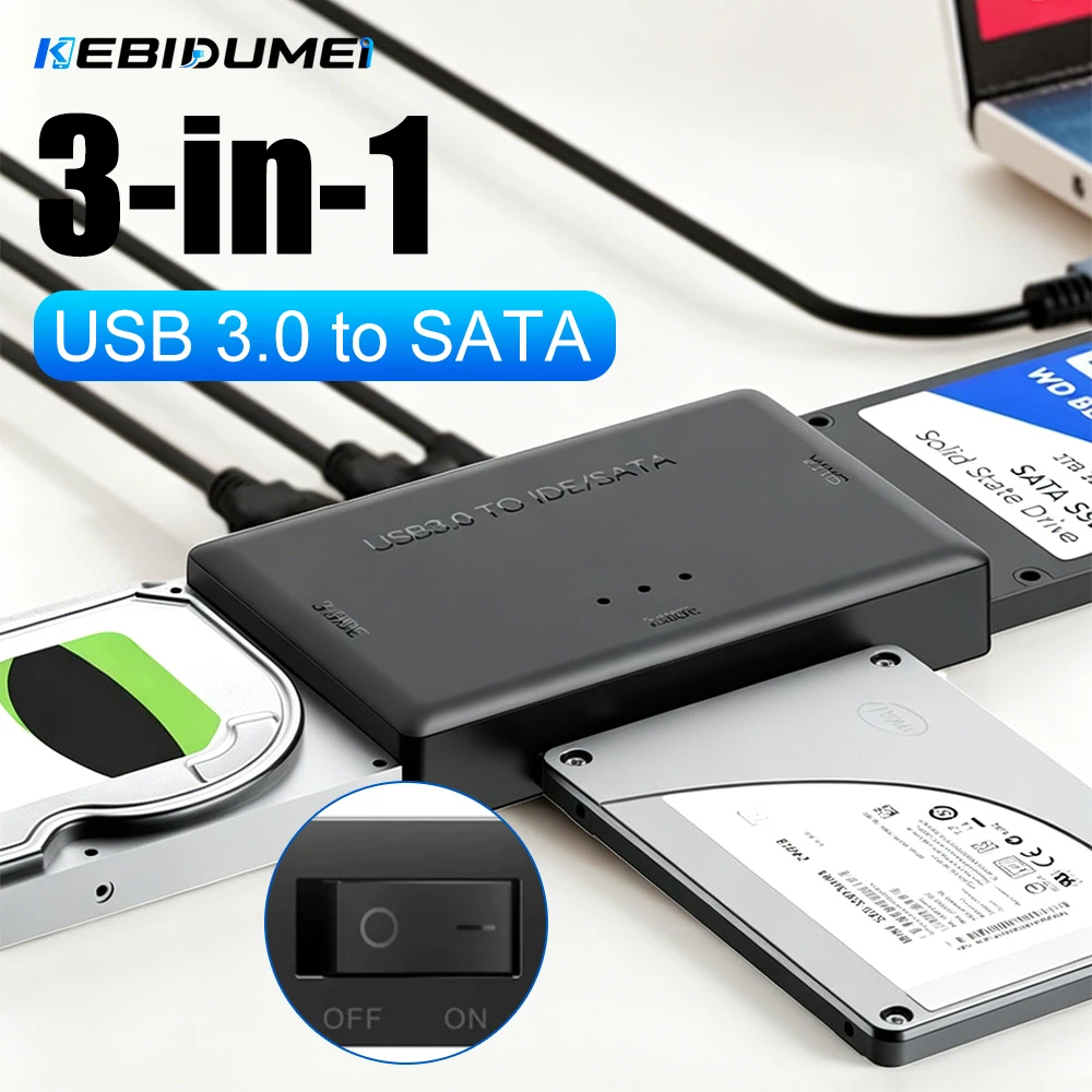 KEBIDUMEI 3in1 USB 3.0 to SATA IDE Hard Disk Adapter Converter Cable for 3.5 2.5 inch HDD/SSD CD DVD ROM CD-RW USB SATA Adapter