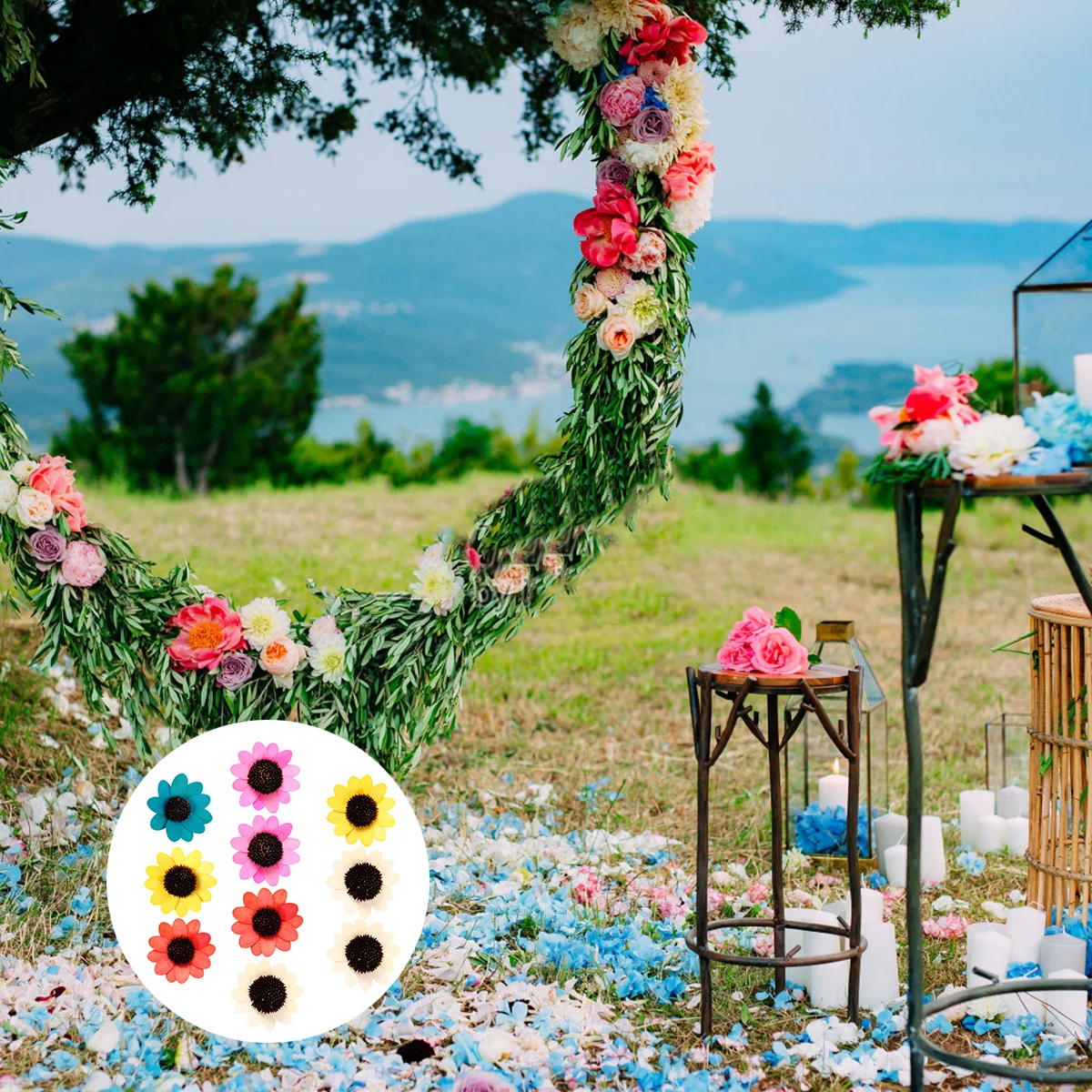 10 Uds decoración de girasoles flores de imitación accesorio DIY cabeza de guirnalda Artificial falsa
