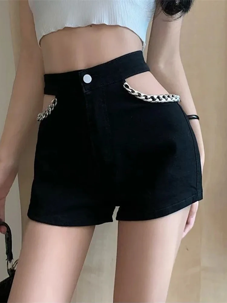 

Zoki Sexy Hollow Out Denim Shorts Women High Waist Y2K Chain Shorts Streetwear Retro Slim Female Summer Black Jeans Shorts New