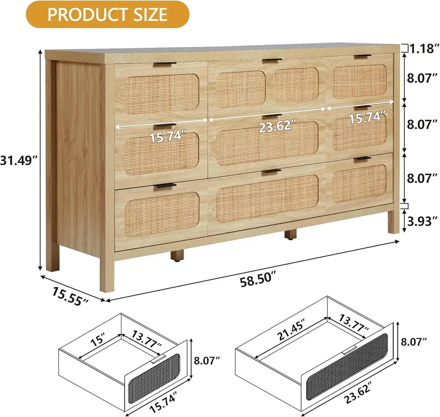 Dresser 9 Drawer Modern Farmhouse Chest with Rattan Finish Metal Handles for Bedroom Accent Storage Cabinet