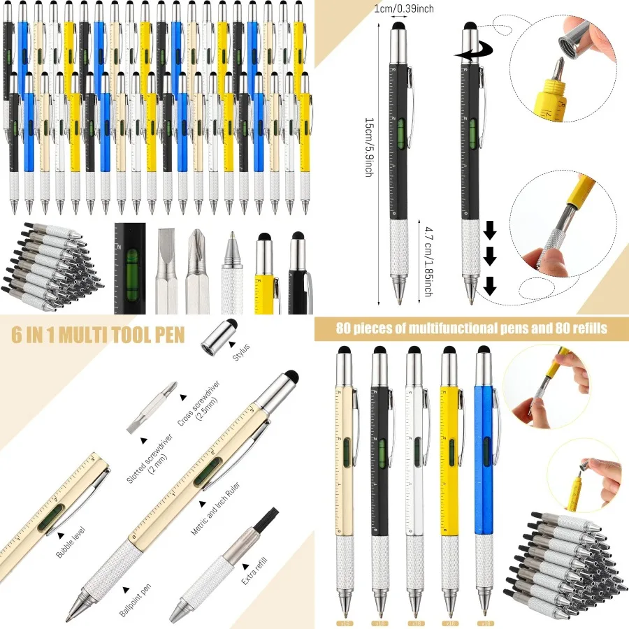 Yeaqee 80 قطعة قلم متعدد الأدوات هدايا لعيد الآباء 6 في 1 مفك براغي أقلام متعددة الوظائف مع عبوات حبر أسود مستوى المسطرة Ga #1