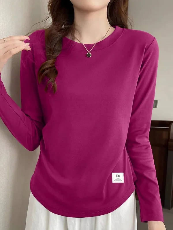 レディース純綿長袖Tシャツ、ラウンドネック、プリーツ入り、スリムフィット、おしゃれな秋トップス、快適で柔らかい、韓国風、ゆったり...