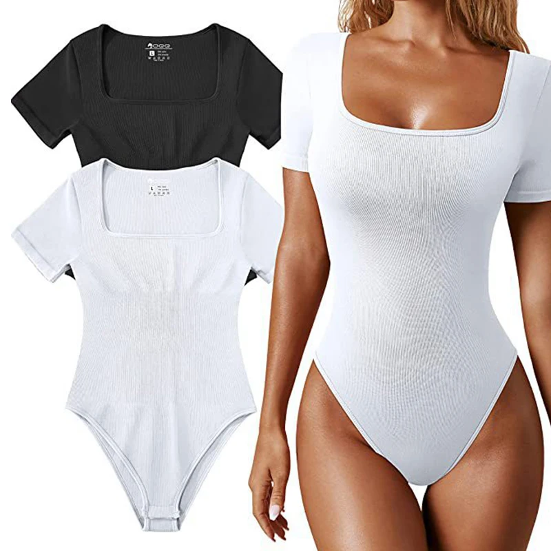 BurVogue Women\'s Bodysuits Sexy Ribbed One Piece Square Neck Short Sleeve Bodysuits  Double Lined Thong Bodysuit