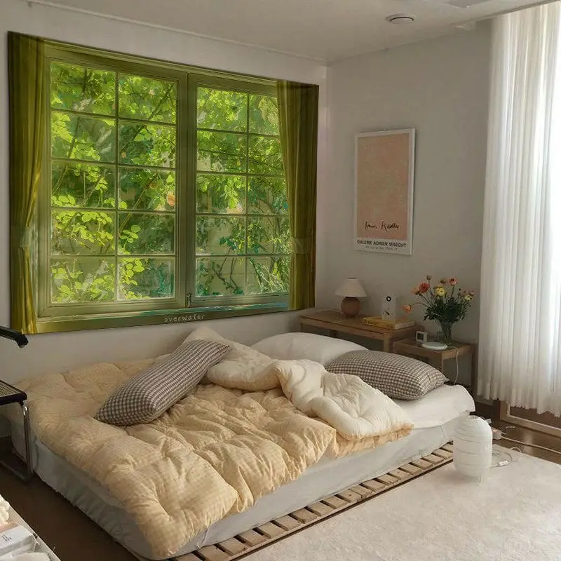 VIKAMA Green Window View Wall Art, Nature Scenery Print with Curtains for Bedroom, Aesthetic Home Wall Decor for Living Room