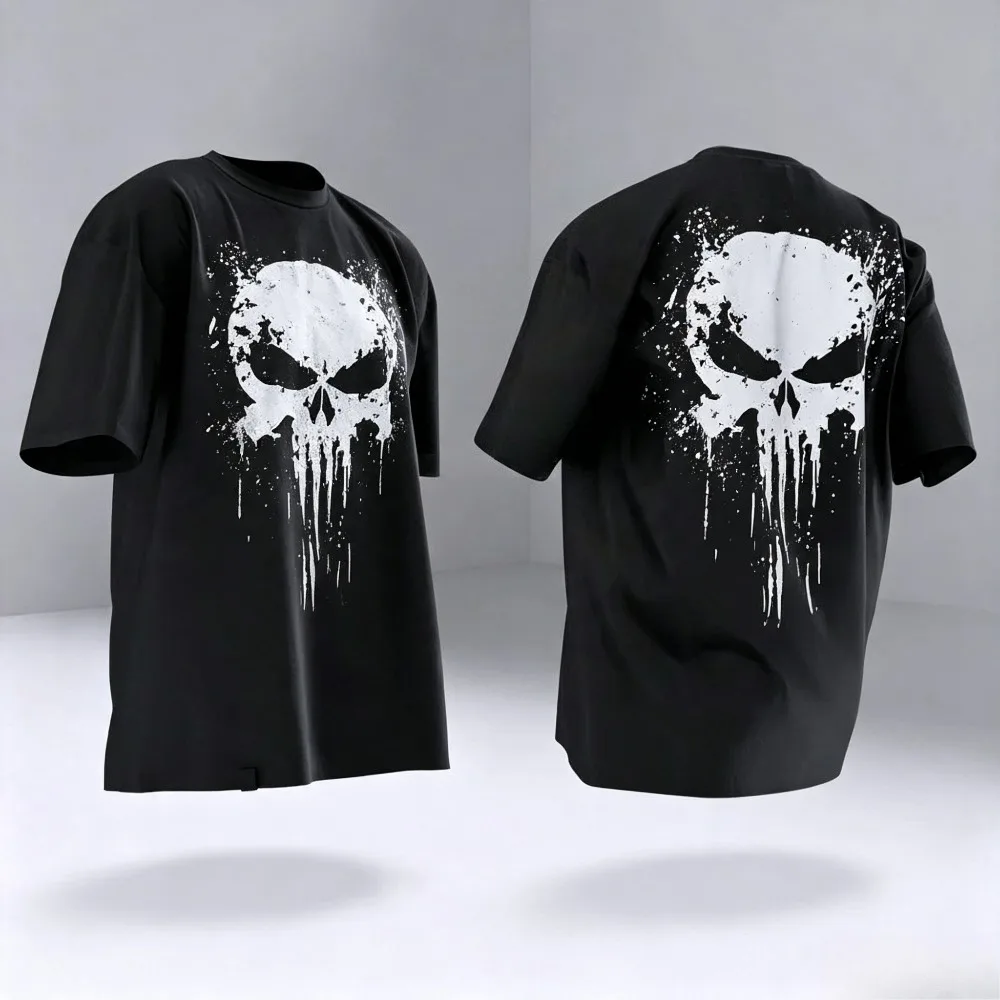 Splatter Drip Skull Graphic Print Men T-Shirt Gothic Oversized Casual Streetwear Short Sleeve Tee