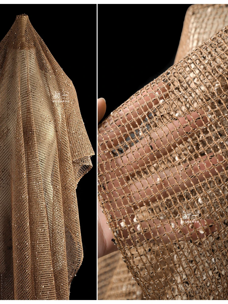 

Карамельно-коричневая квадратная сетка, трикотажное сетчатое платье-кардиган, модельер «сделай сам», модная ткань, ткань на метр, материал