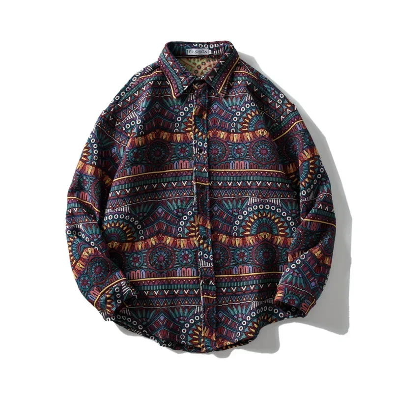 Vintage Ethnic Woolen Shirt Men's Thickened Casual Personality Shirt Jacket Tide Loose Variety Couple Abstract Floral Shirts