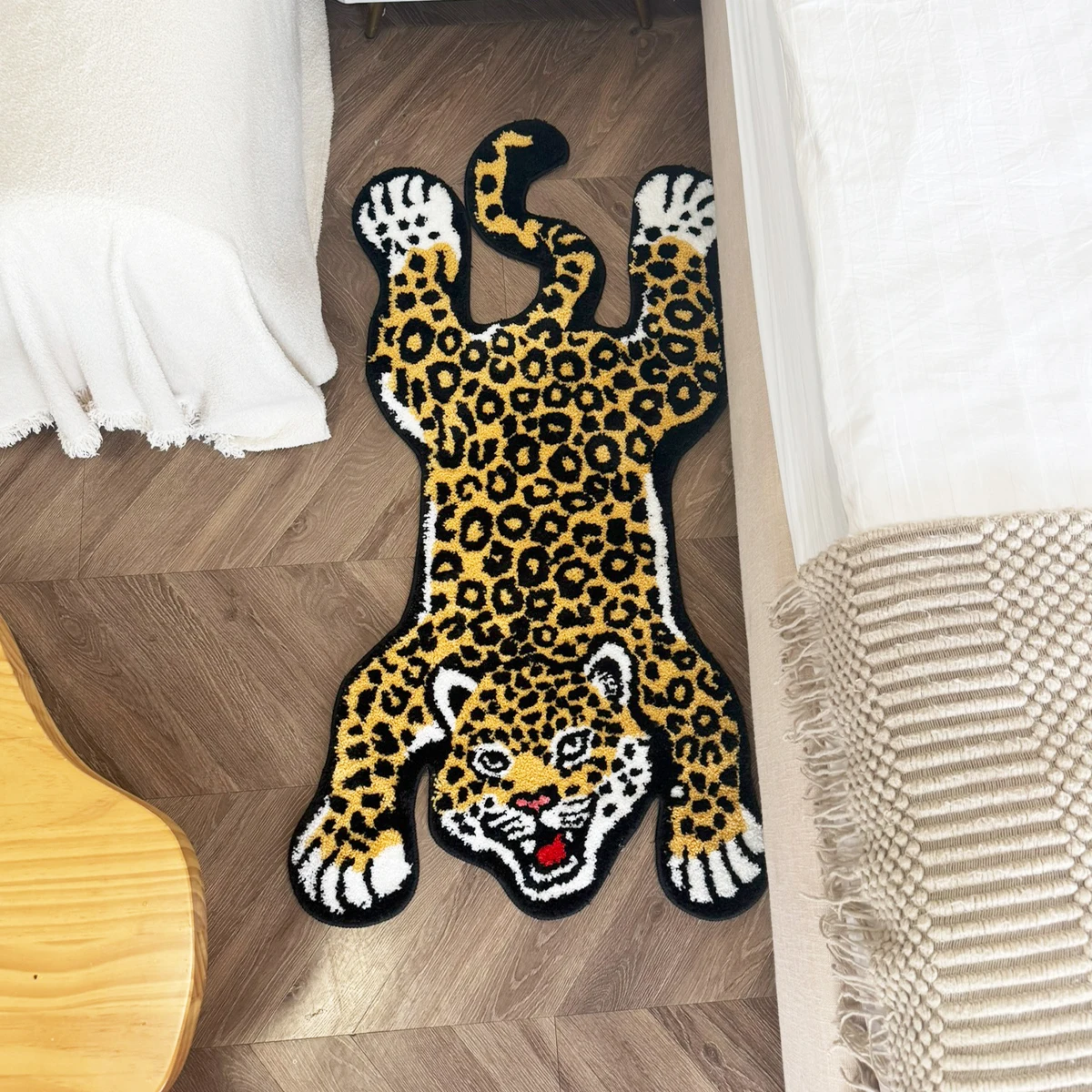 LAKEA Leopard Shape Tufted Rug, Yellow Black Spotted Cheetah Print, Irregular Fluffy Anti Slip Mat, Wild Animal Style Bedroom