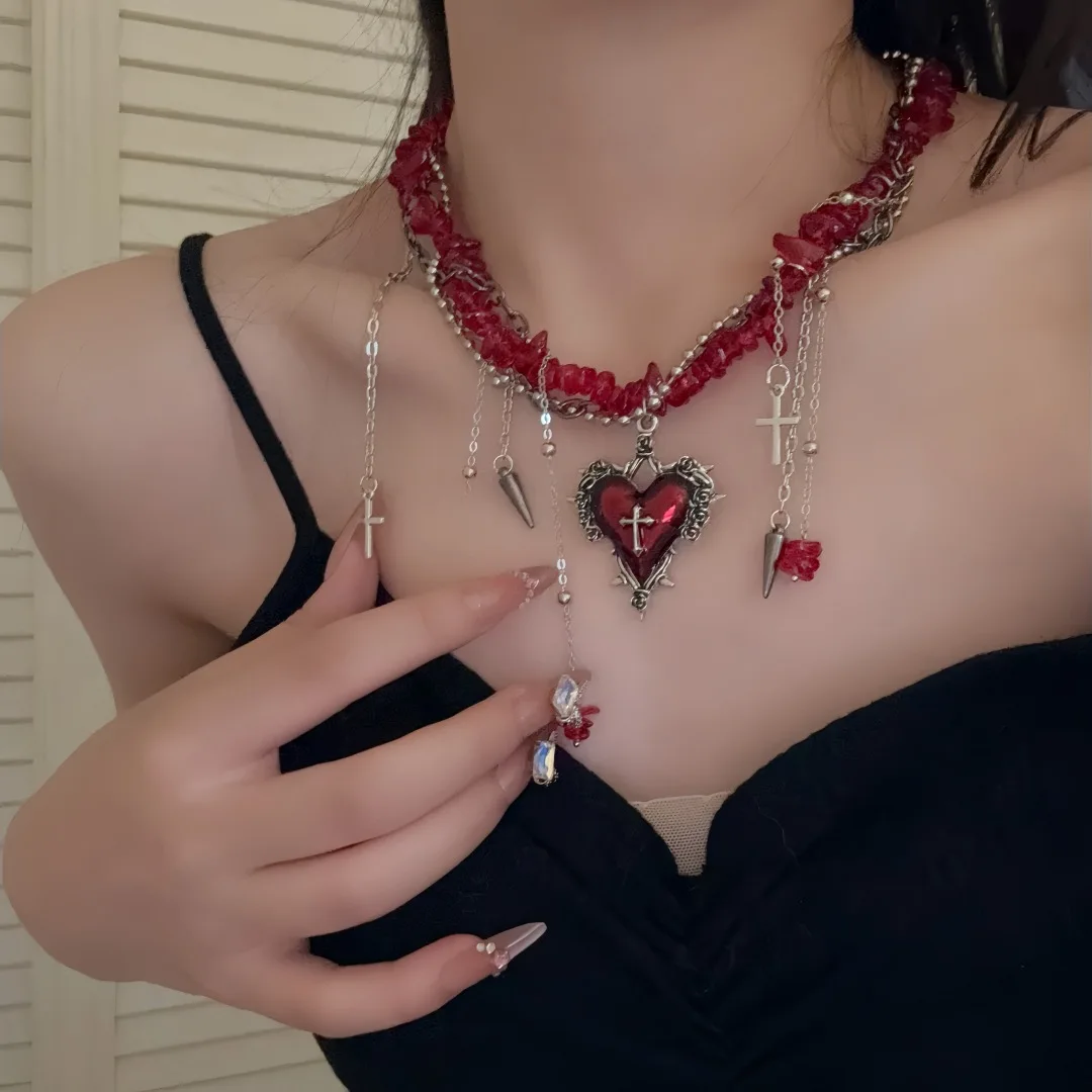 فاسق الشارع الشهير القوطية Y2K أحمر أسود مطرز سلسلة معدنية برشام القلب الصليب قلادة قلادة للنساء الرجال زوجين مجوهرات 2026 #5