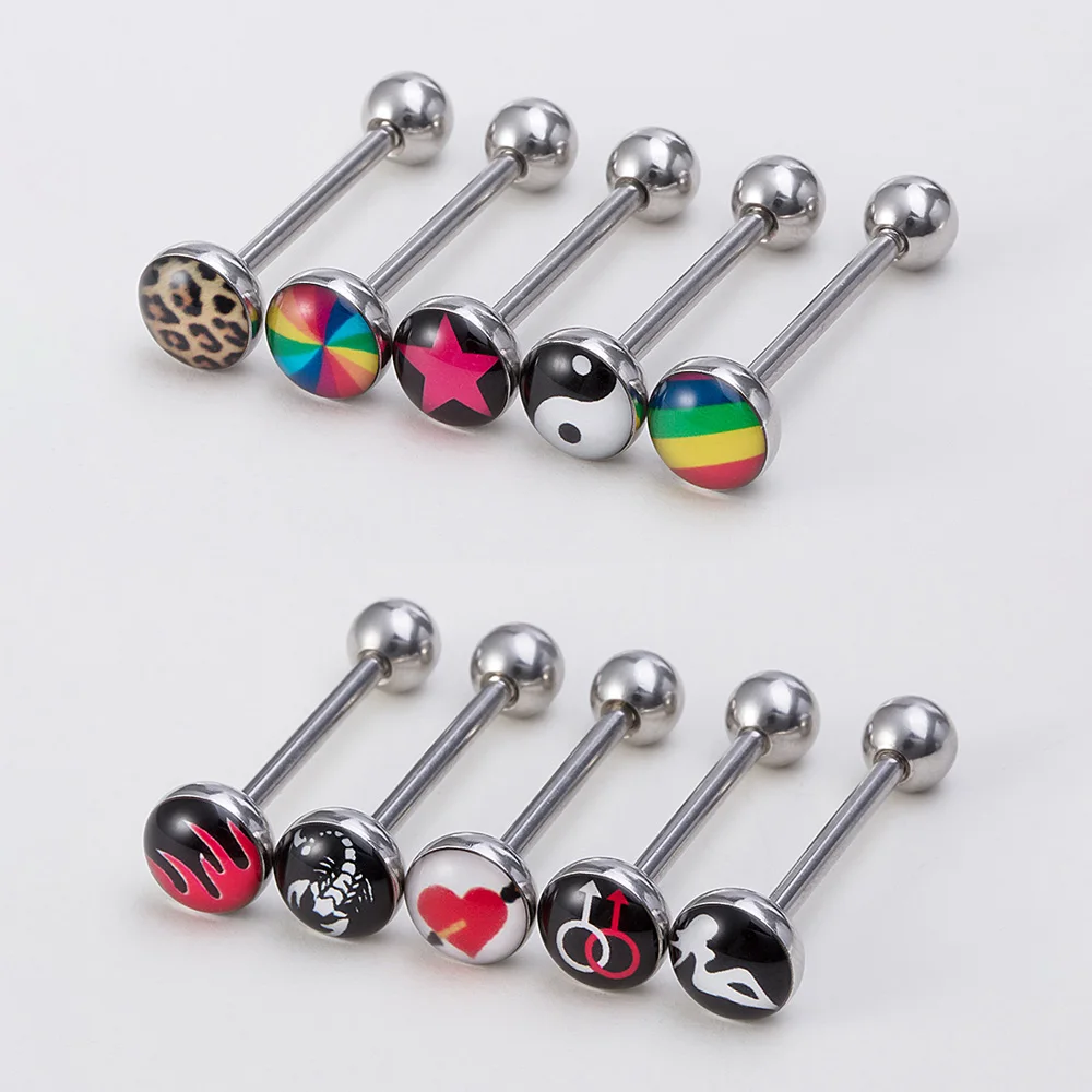 10Pcs 14G Acrylic Tongue Rings Tongue Pierc Nipple Ring Straight Barbells Stainless Steel Body Piercing Jewelry Assorted Colors