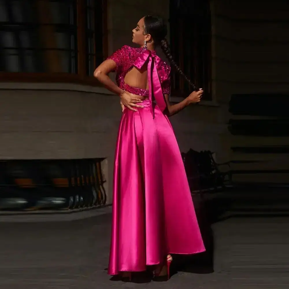 2 Pieces A line Party Dresses Sequins Personalized Fuchsia Maxi Dress Women Satin Prom Gowns with Sleeves Bow Backless