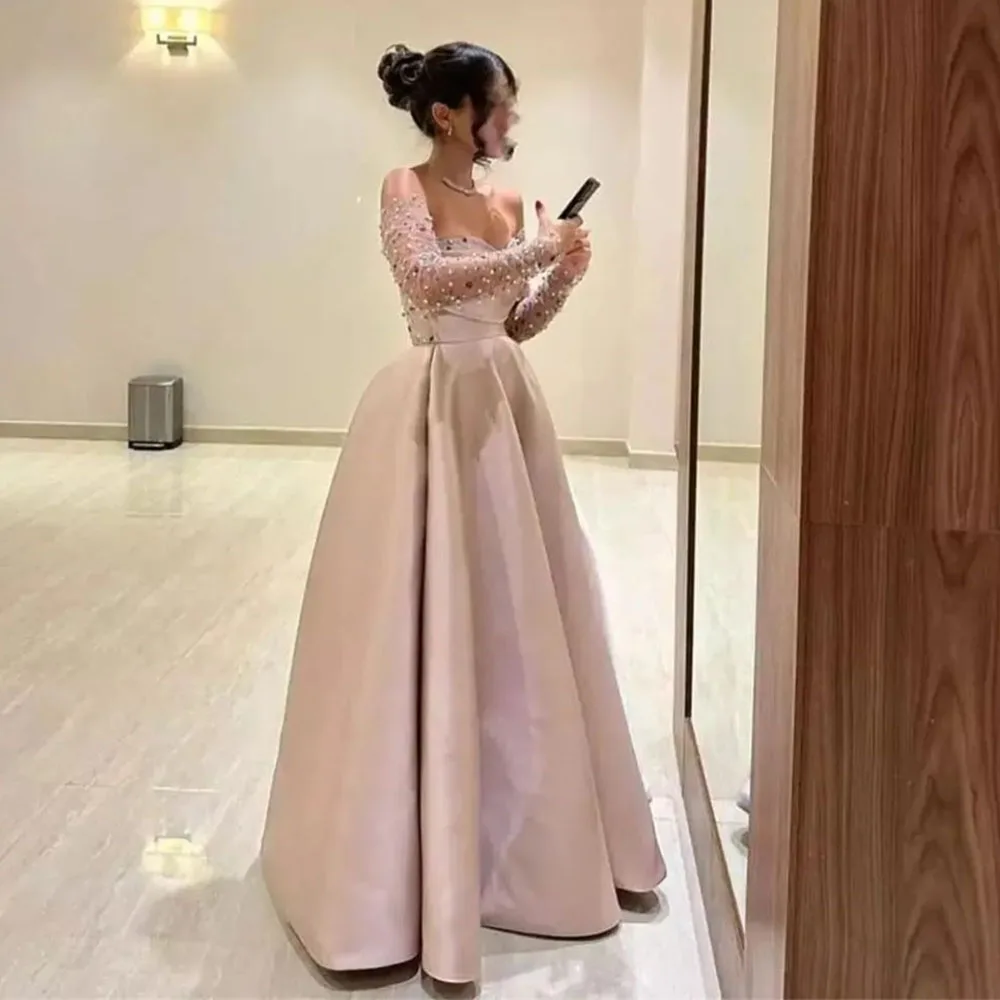 Customized Exquisite Sweetheart Off The Shoulder A-Line Pleats Women Evening Dresses Beadings Long Sleeve Floor-Length Prom Gown