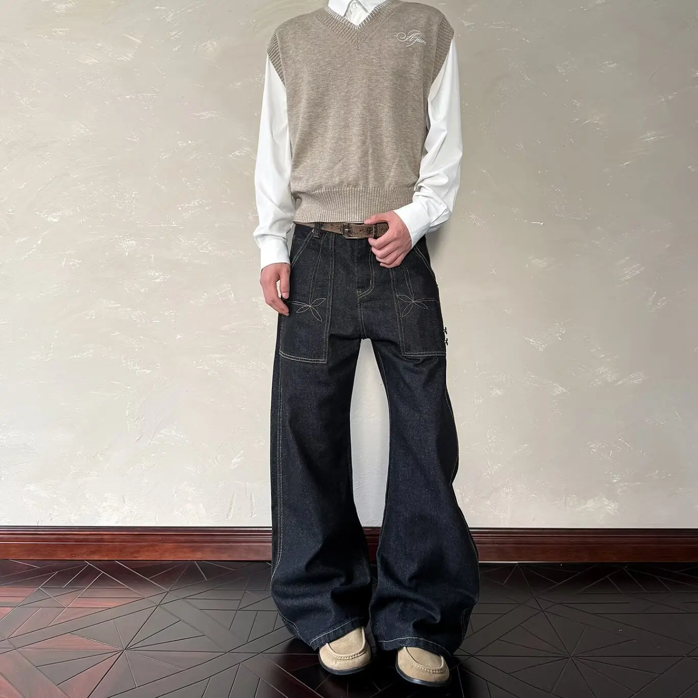 

Джинсы с вышитым дизайном в американском стиле, свободного кроя, повседневные брюки для мужчин и женщин, универсальные длинные брюки Cleanfit