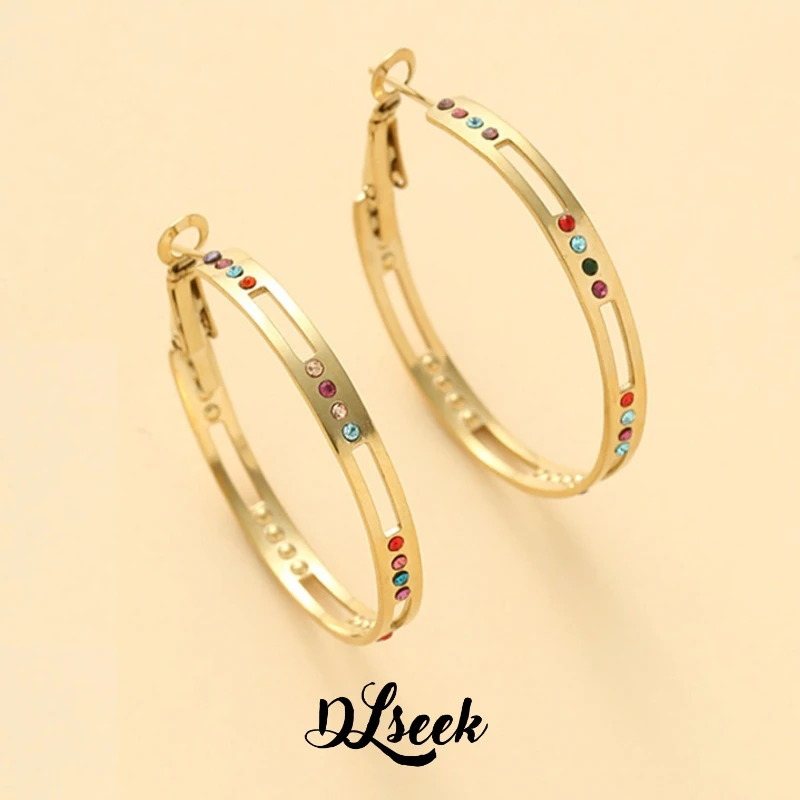 DLseek Boho Exaggerated Colorful Diamonds Hoop Earrings for Women Retro Gold Plated Stainless Steel Earring Charms Jewelry Gifts