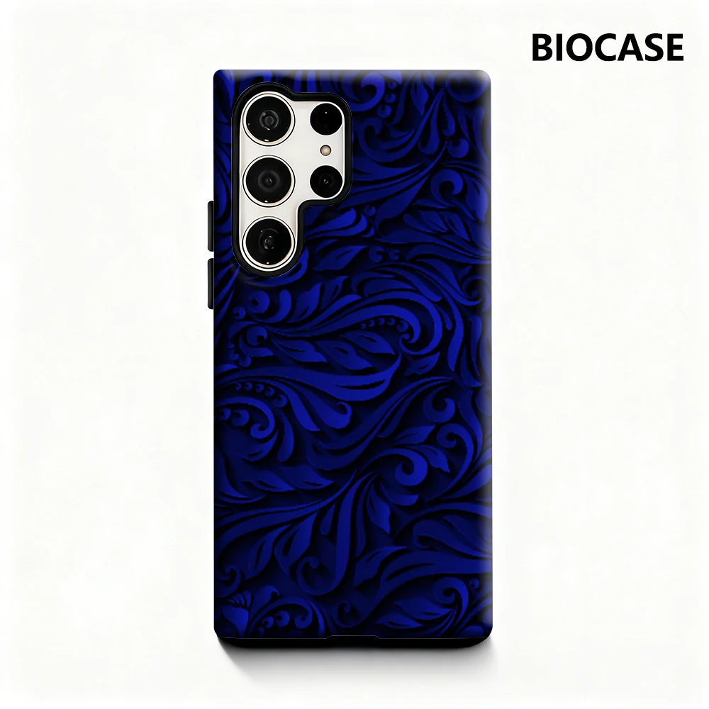 Tiefblaue florale Wirbel-Handyhülle für Samsung Galaxy S25 Ultra S24 S23 Ultra Plus, glänzende doppellagige Rückseite