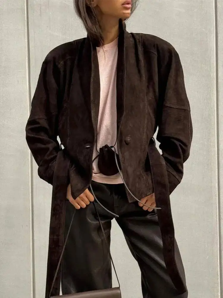 المرأة الخريف الصلبة التلبيب مربوط مع جيوب طويلة الأكمام سترة الإناث موضة الجلد المدبوغ الملمس شارع العليا معاطف غير رسمية #4