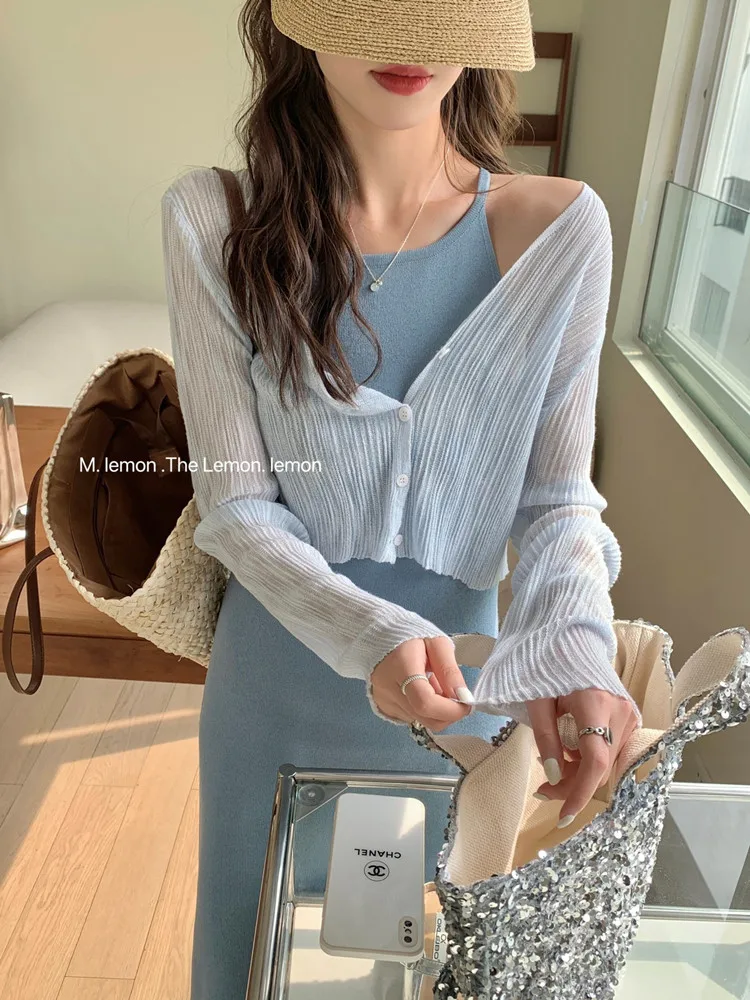 White Ice Silk Knitted Sun Protection Cardigan Women's Thin Outerwear Shawl Summer Match Halter Dress Outer Small Cover up