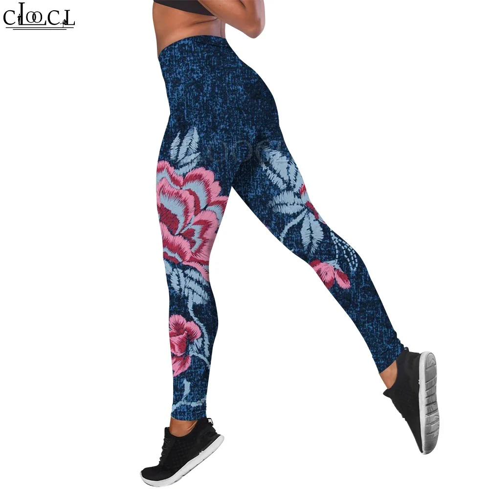 CLOOCL Women Legging Old Denim Floral Print Trousers for Lady Gym Workout Lift Hips Cycling Jogging Pants Hip Hop Leggings New