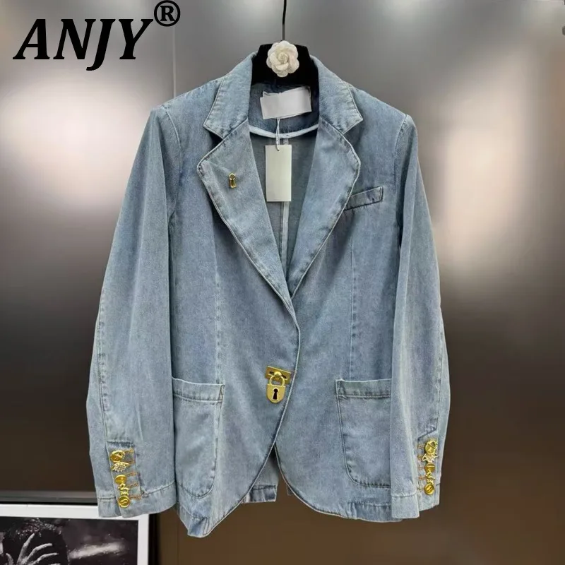 

ANJY Autumn New Women Ins Blazer Metal Buckle Turn-down Collar Pockets Shoulder Padded Personality High Street Denim Coat A10086