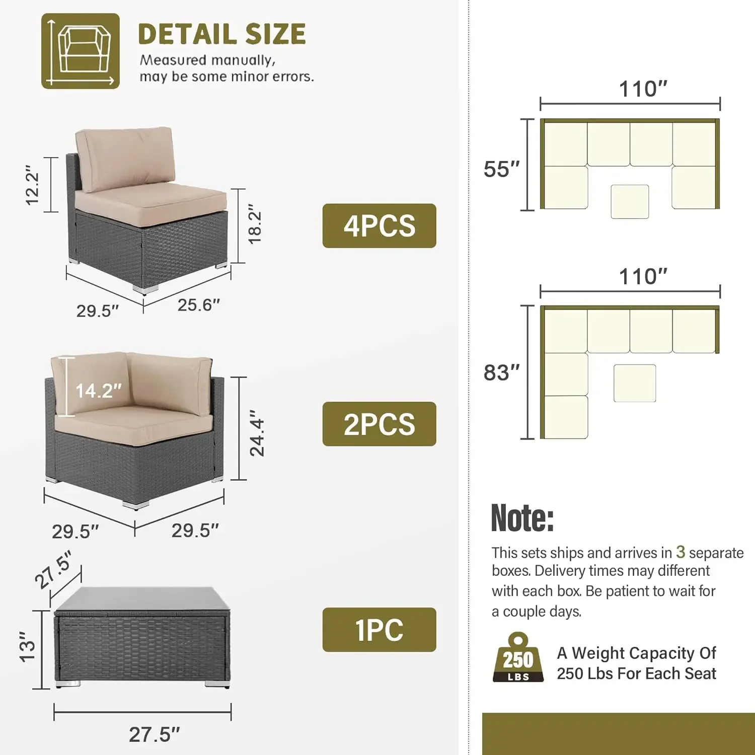 4/6/7PCS Outdoor Sofa - PE Rattan Wicker Modular Patio Furniture Conversation Set with Washable Cushions and Glass Coffee Table