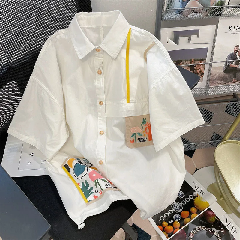 Men's Embroidered Short Sleeve Shirt Summer French Casual Fashion Retro Appliques Lapel Single Breasted Loose T-shirt