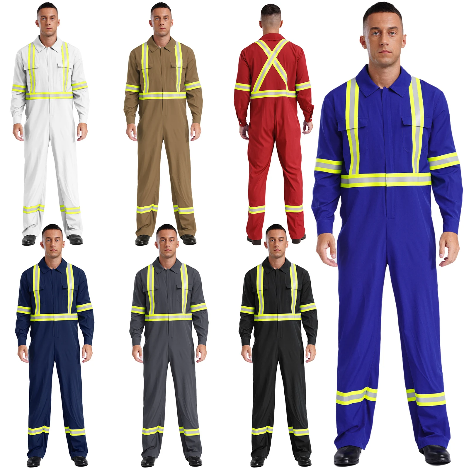 Mens Work Coveralls One Piece Romper Turn-Down Collar Reflective Safety Mechanics Jumpsuit Workwear Fire Fighting Police Costume