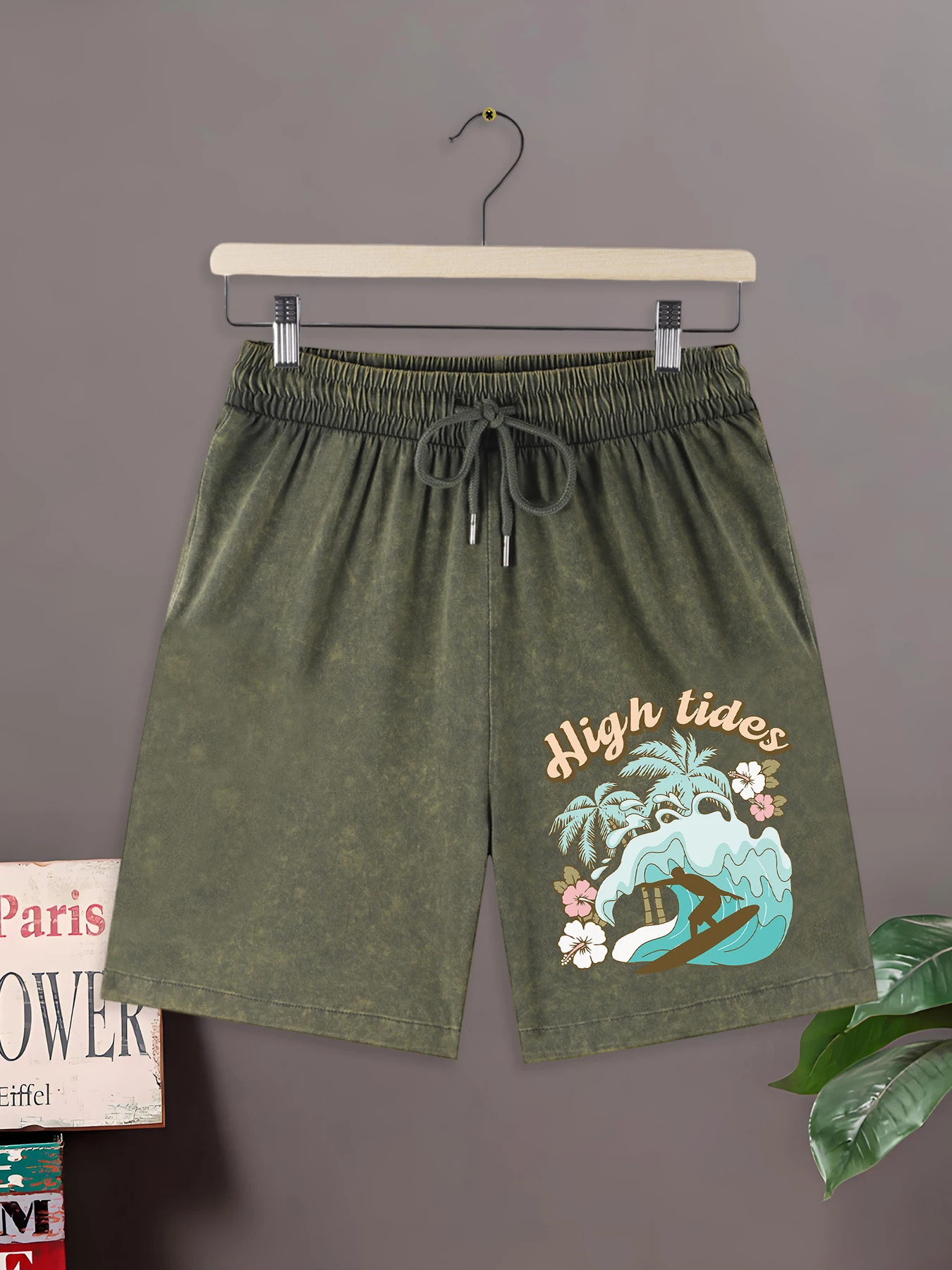 

High Tides Surfing Coconut Trees Pattern Summer Youthful Washed Pants Men Basics Cotton Bottom Hip Hop Street Sportpants Unisex