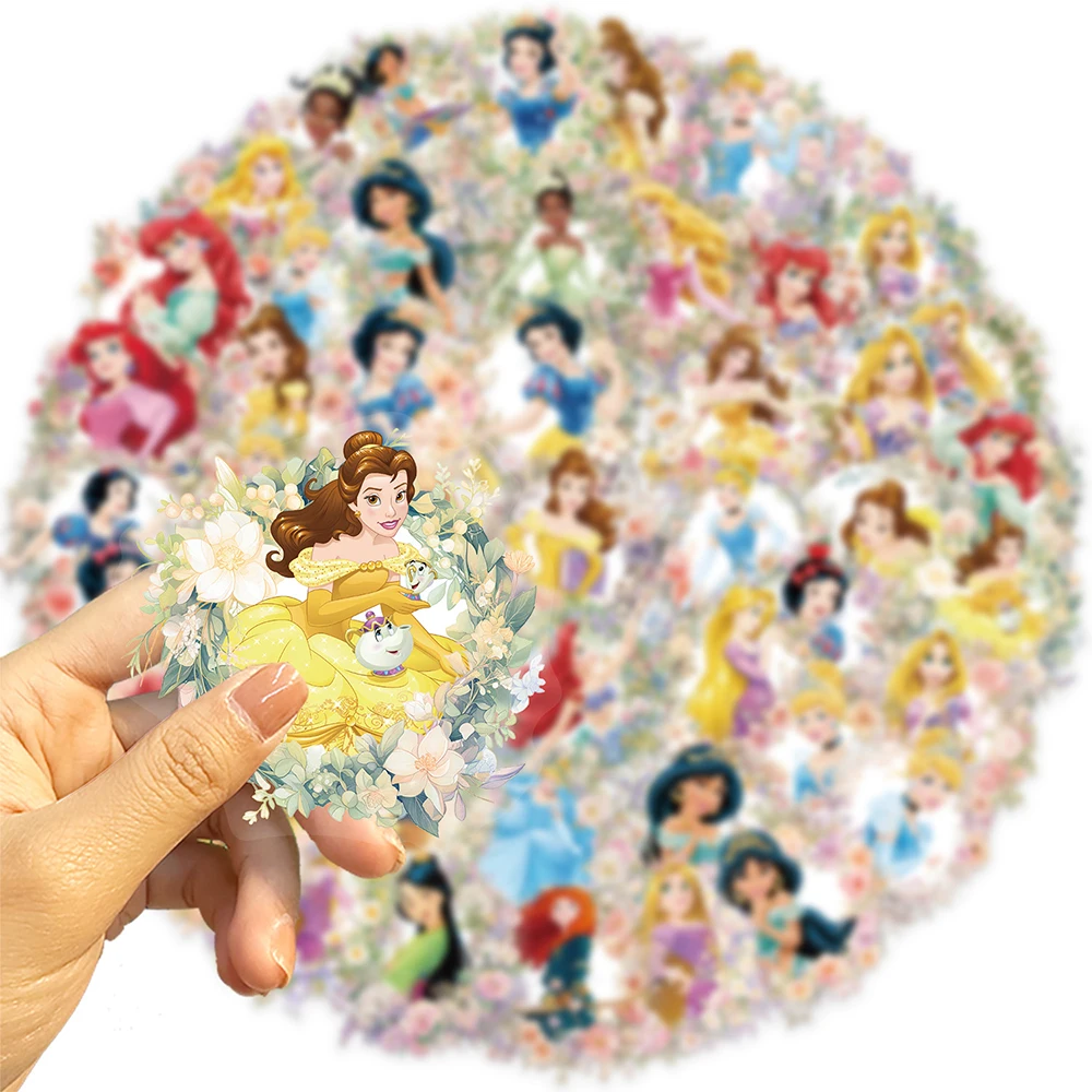 50pcs Disney Princess and Flower Aesthetic Stickers Cartoon Transparent Decals Scrapbook Luggage Phone Cute Anime Sticker Decor